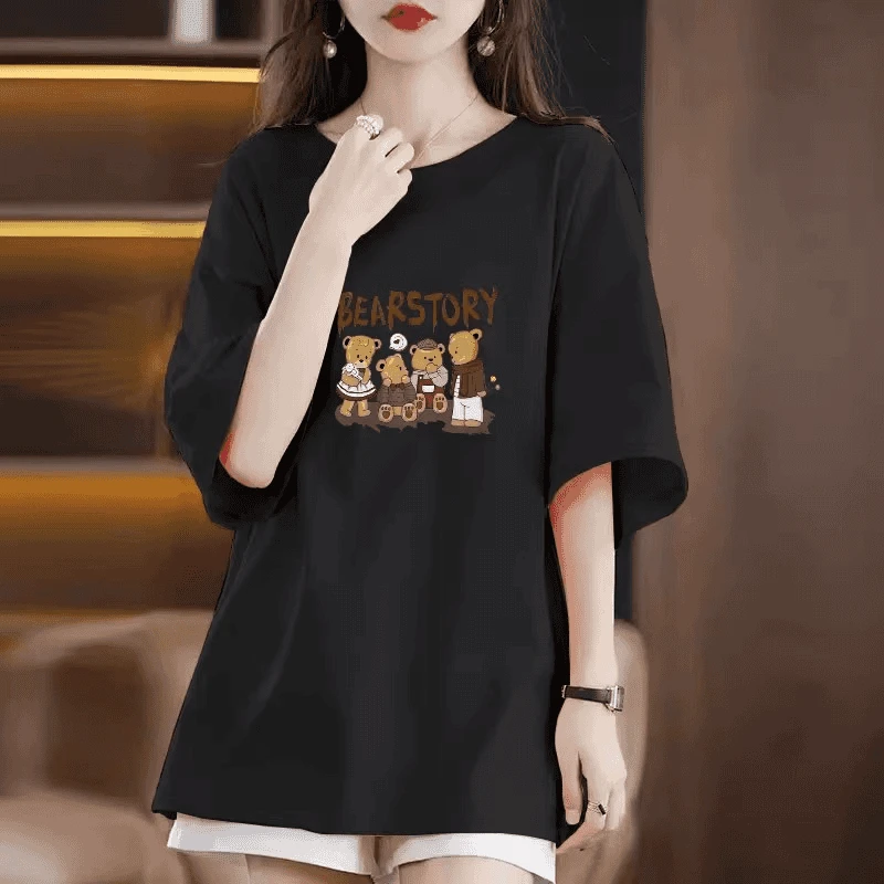 纯棉圆领短袖T恤女2025夏季新款欧货大码女装宽松显瘦中长款上衣