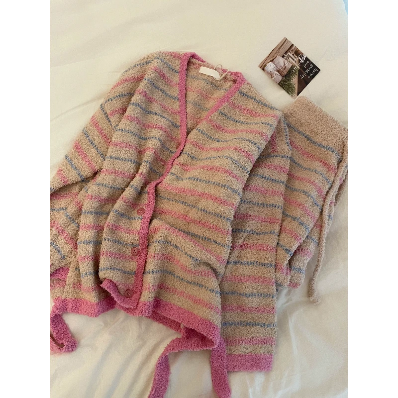 韩版可爱针织【甜美条纹】半边绒睡衣女冬新款长袖长裤家居服套装