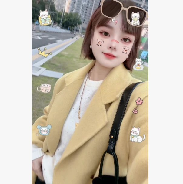 冬款韩系气质西装领双面呢中长款大衣