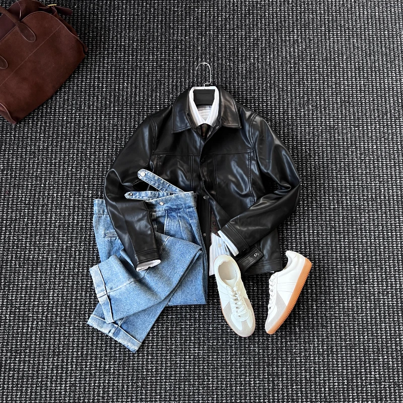 CssuGent秋冬季高级感仿绵羊皮柔软轻奢皮夹克男绅士优雅高端外套