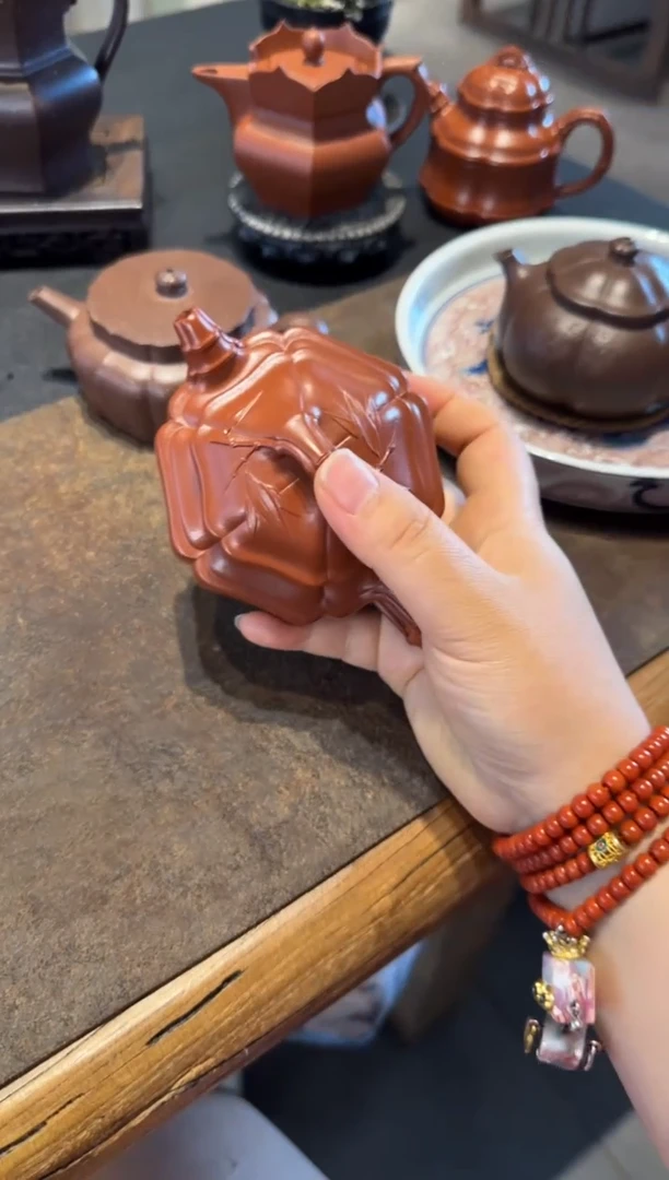 茶壶紫砂六方海棠双线竹鼓