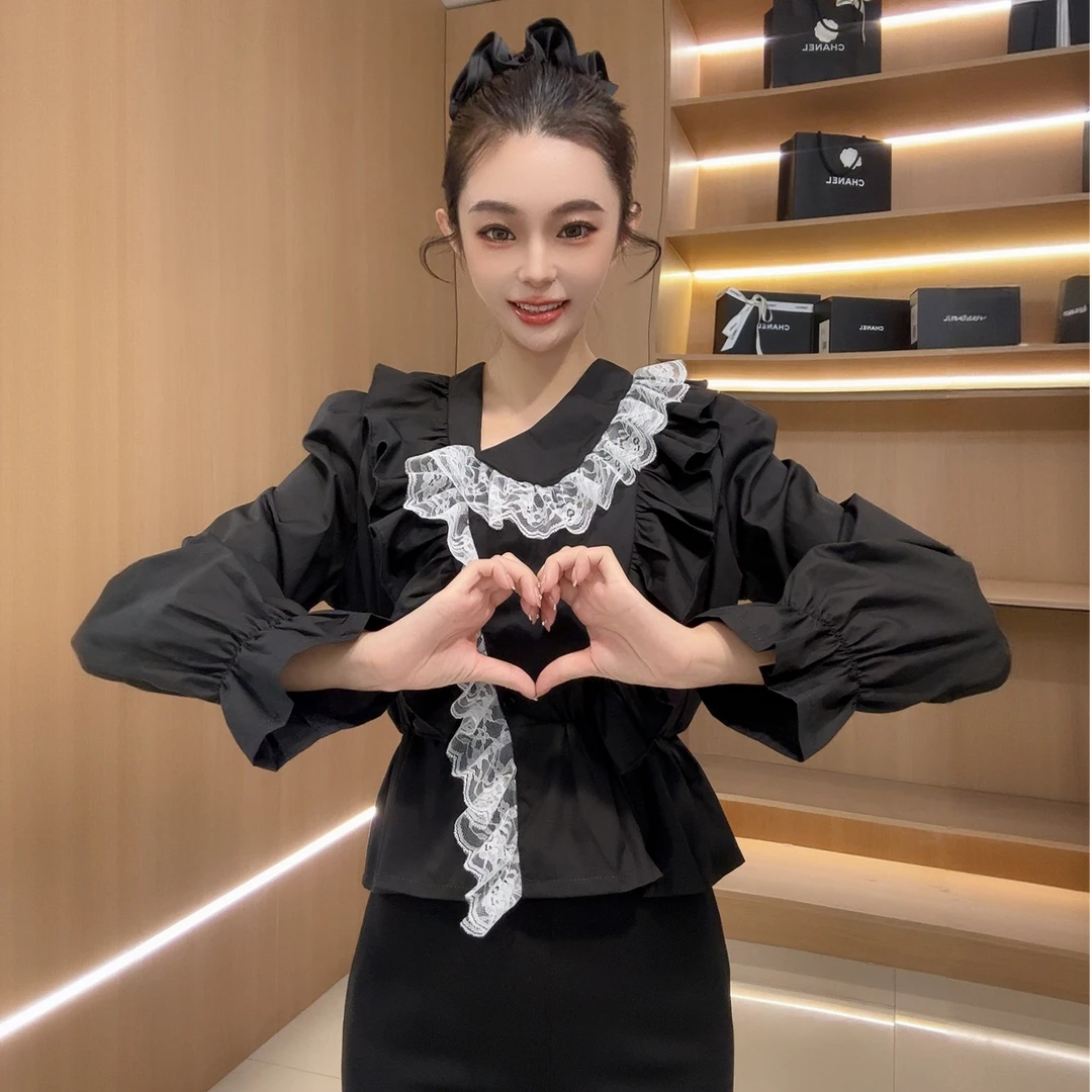 法式泡泡袖荷叶边拼接蕾丝收腰显瘦衬衫28881上衣长袖