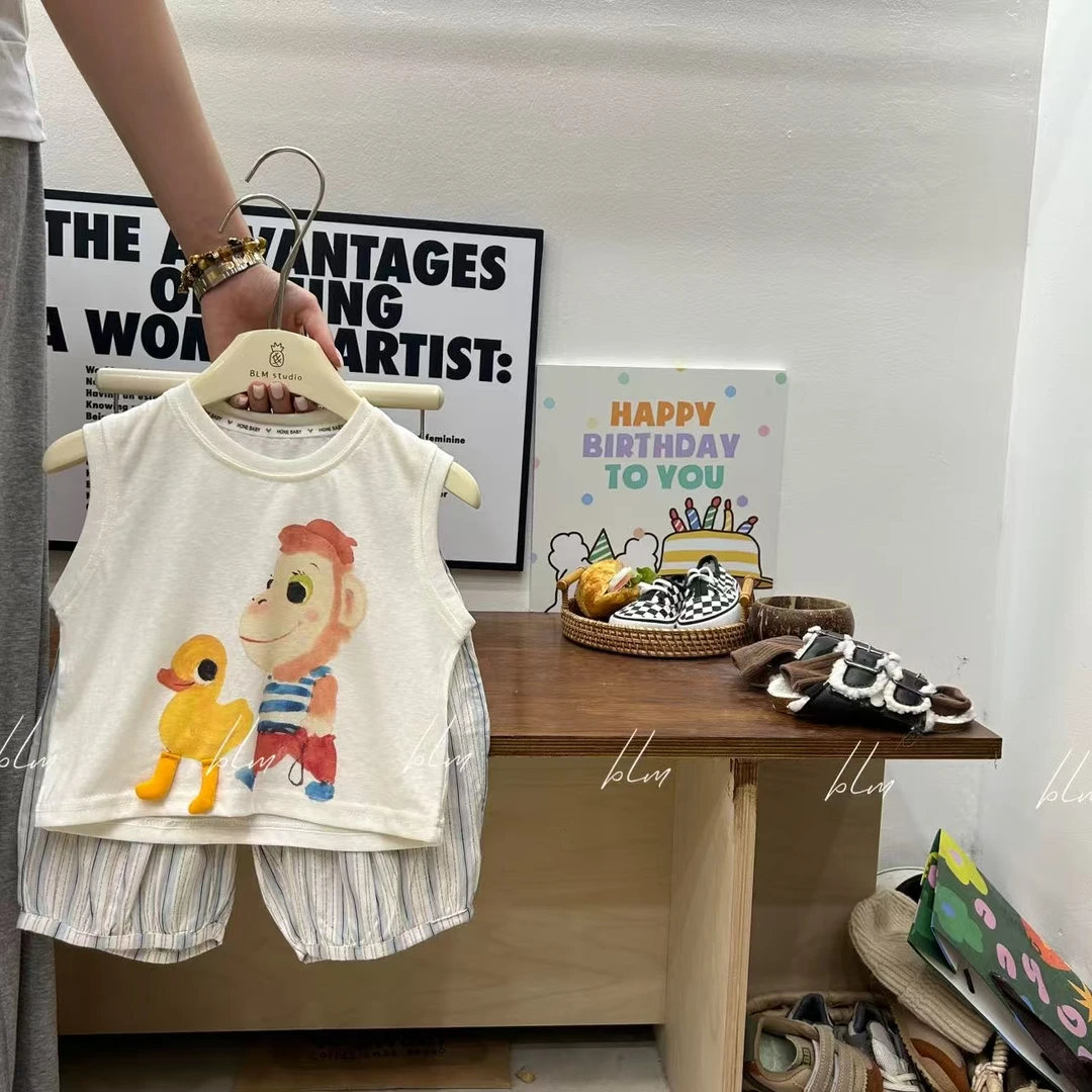 2025夏季新款儿童韩版爆款男童立体玩偶无袖坎肩休闲裤宽松套装