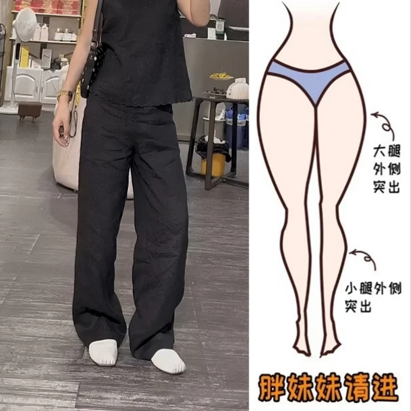 Aimeerosa/艾洛莎夏季高腰显瘦百搭麻料直筒休闲裤女时尚纯色长裤