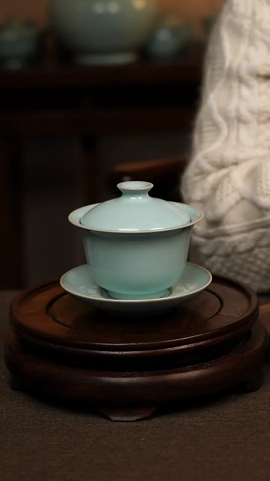 瓷片天青色全手工三才元宝盖碗150ml微瑕不带礼盒