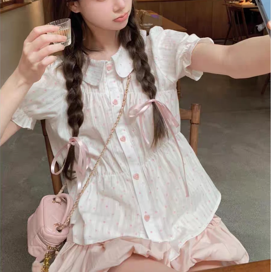 0506可爱甜美套装新款爱心扣波点衬衫上衣女夏季粉色花苞裙两件套