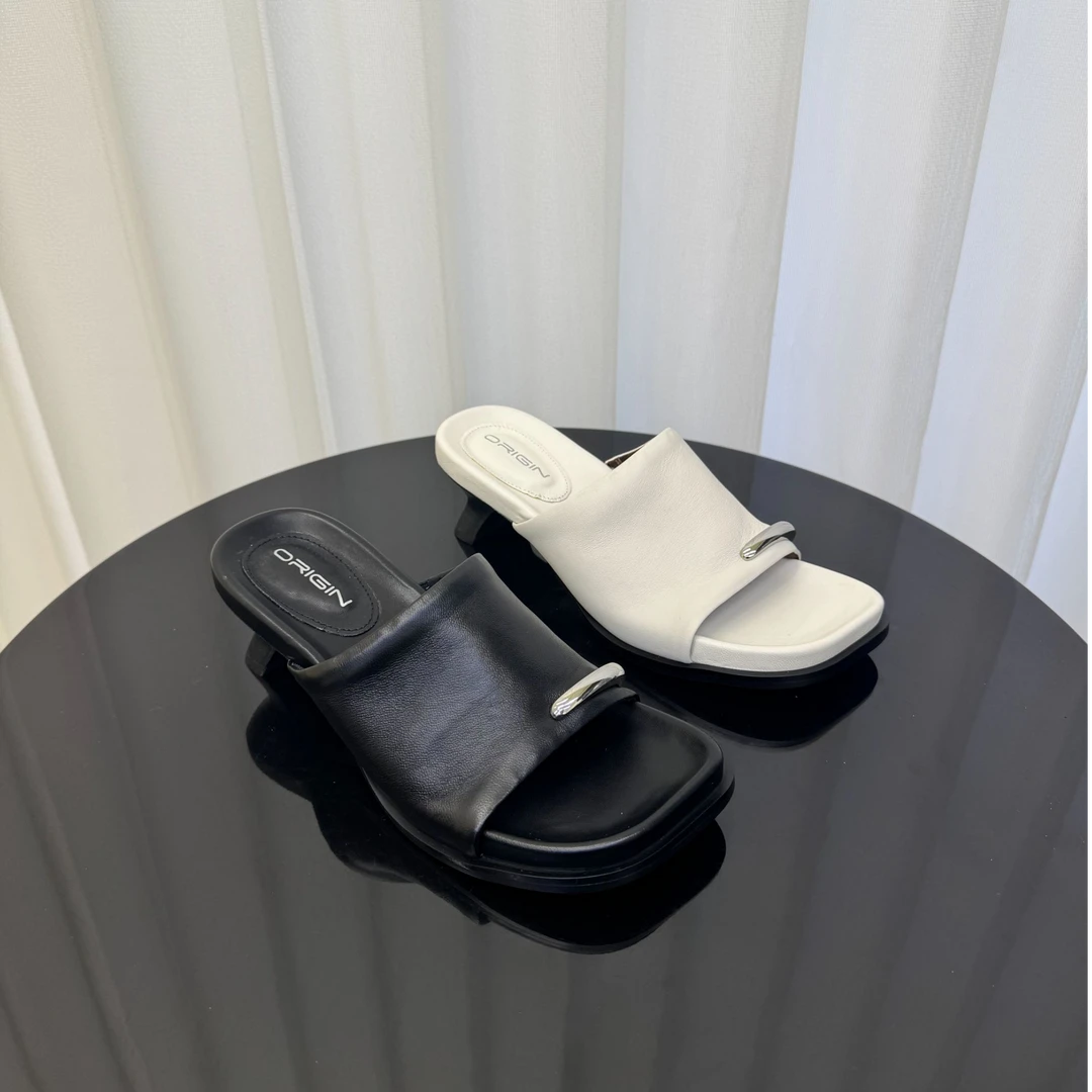 ORIGIN/起源夏季羊皮小中跟设计师款时尚百搭舒服洋气凉拖7123一2