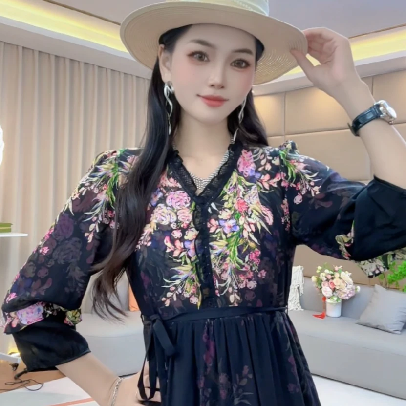 法式V领茶歇裙夏季时尚气质真丝连衣裙 90148