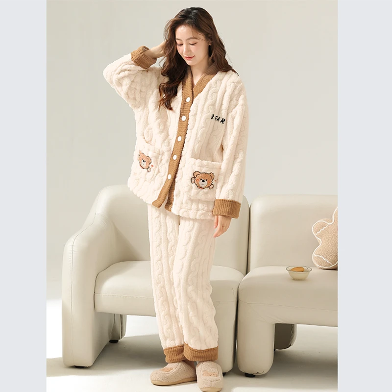 珊瑚绒睡衣女士加绒加厚秋冬季2025新款卡通可外穿保暖家居服套装