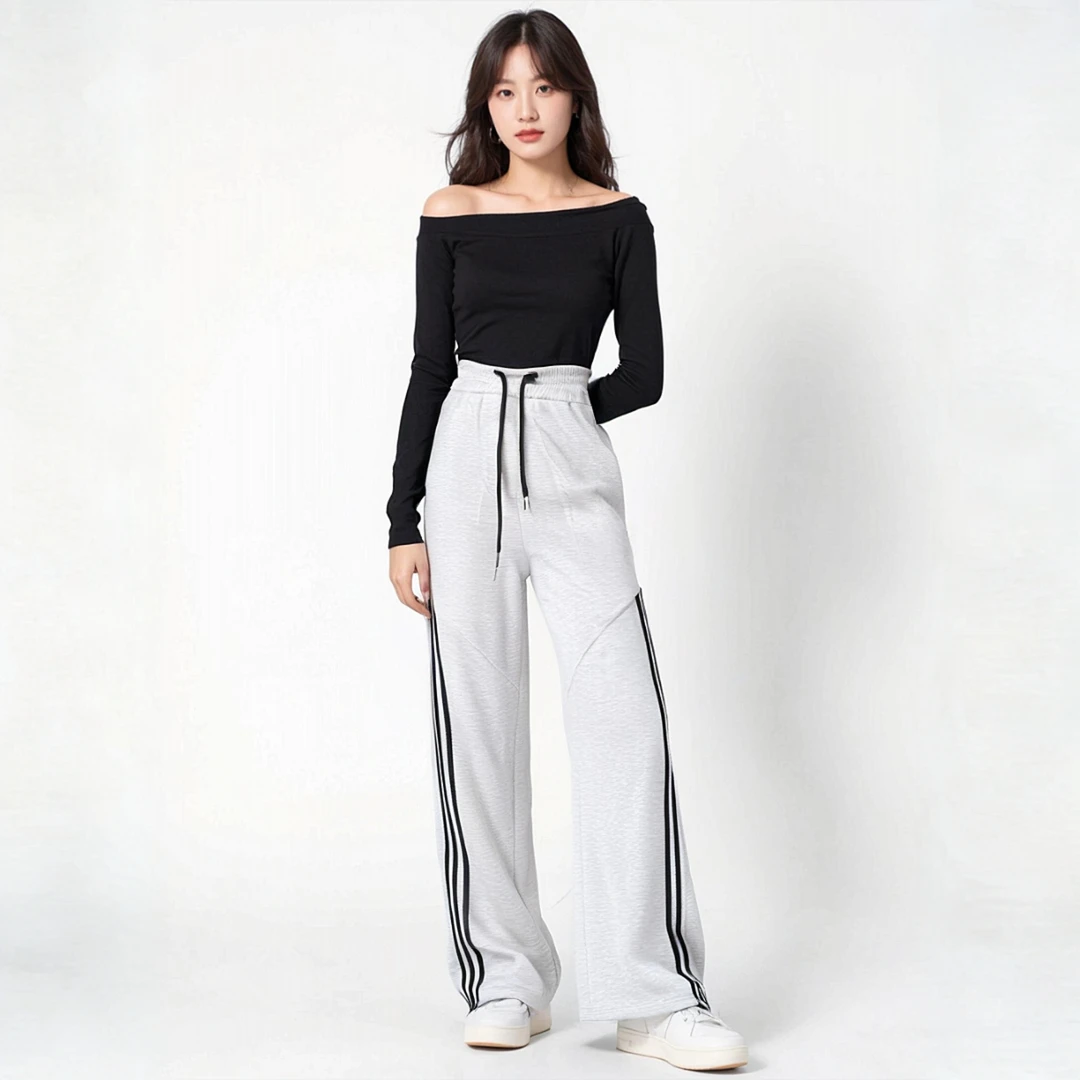 美式三条杠阔腿裤女春秋季2025新款高腰宽松抽绳束脚运动休闲卫裤