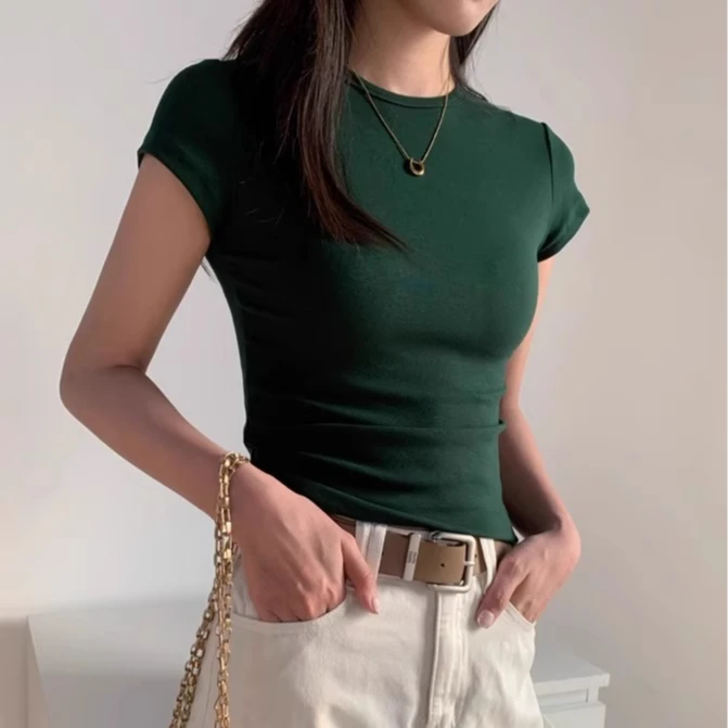 2025春夏季棉质小圆领修身正肩t恤女百搭紧身短袖显瘦开春上衣ins