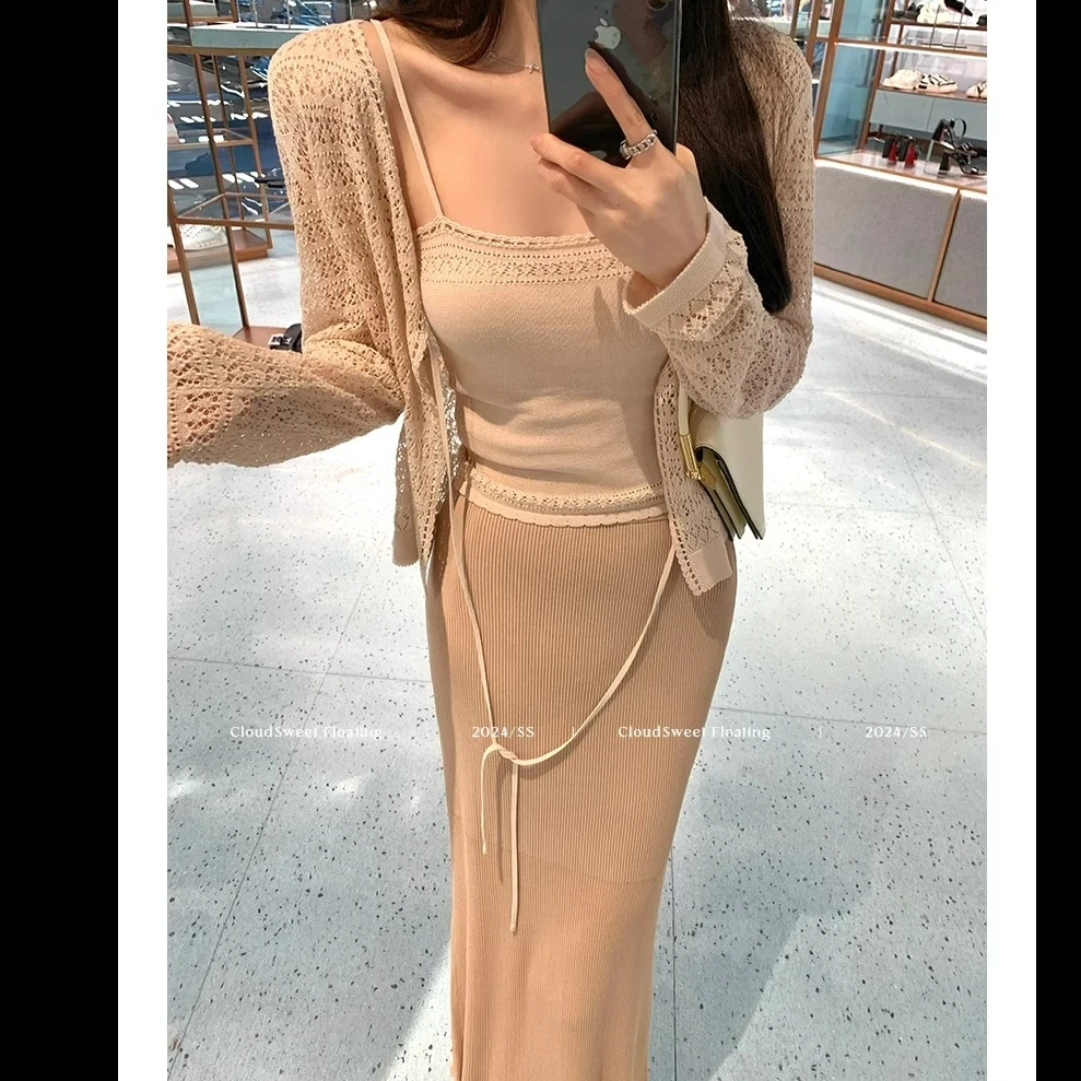 吊带+开衫+坑条针织半身裙花边鱼尾时尚套装