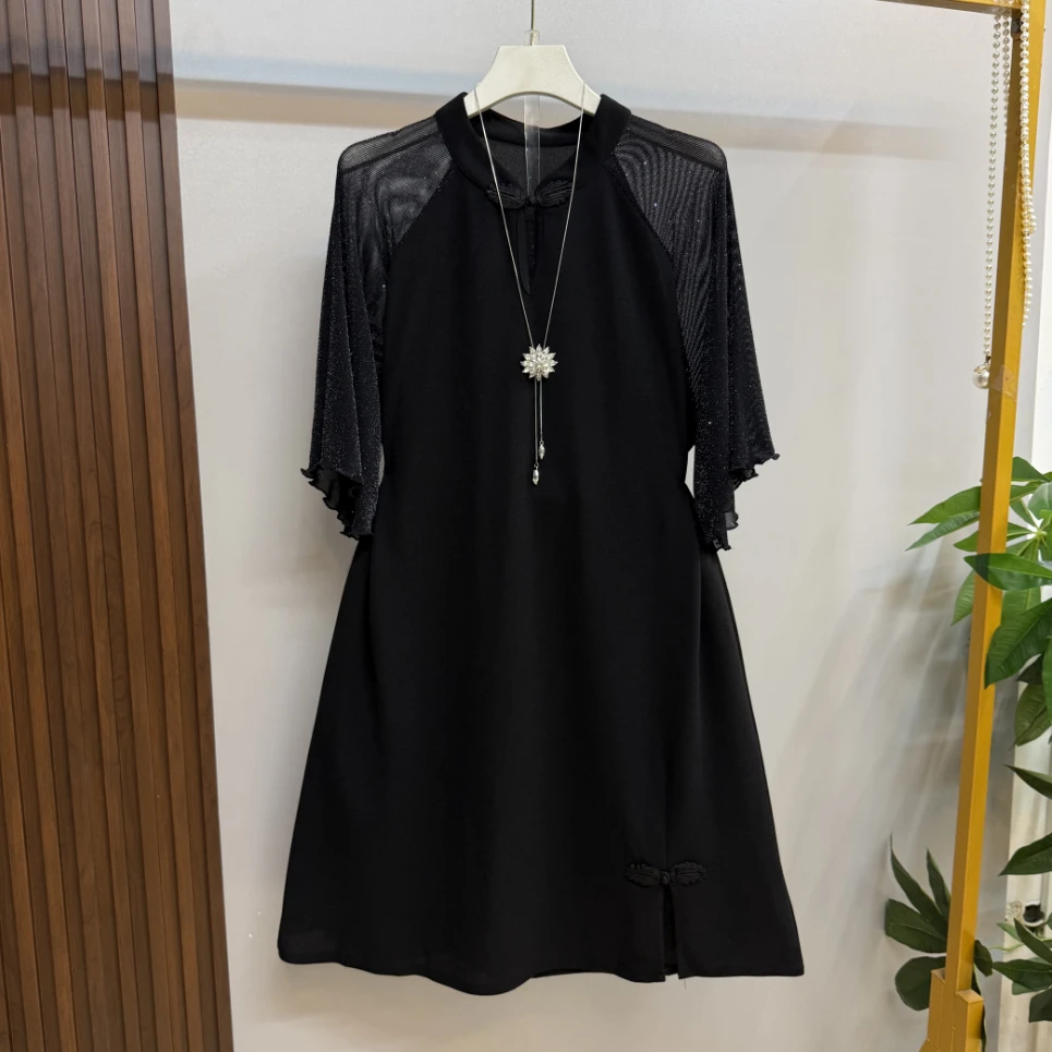 新款微胖遮肉气质显瘦黑色优雅复古盘扣设计连衣裙