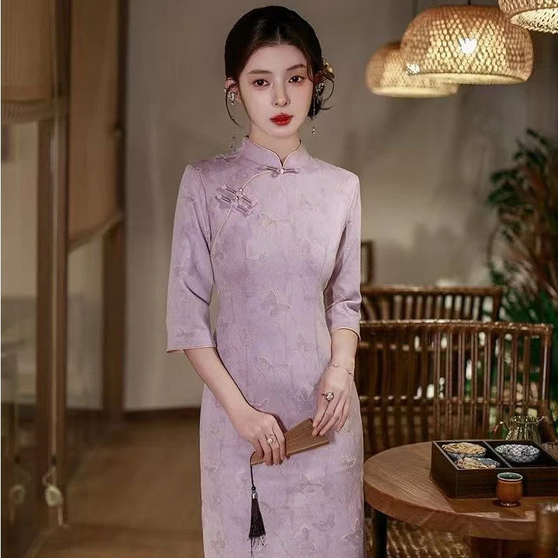 【蝴蝶】秋款小个子七分袖少女修身显瘦旗袍新中式-裙长105厘米