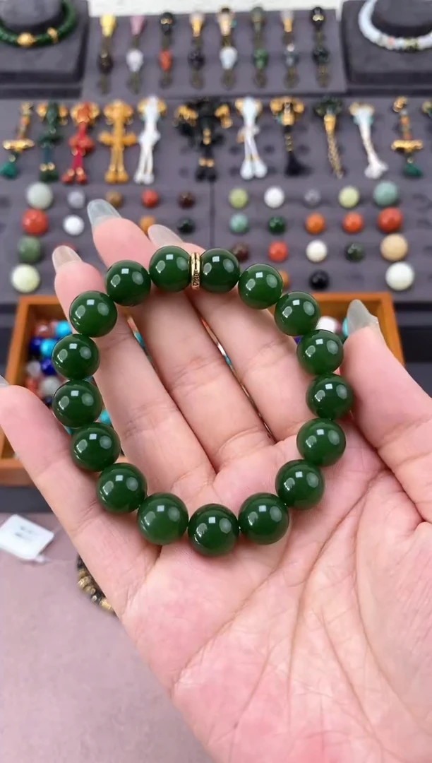 未镶嵌和田玉挂件12mm碧玉圆珠手串金版