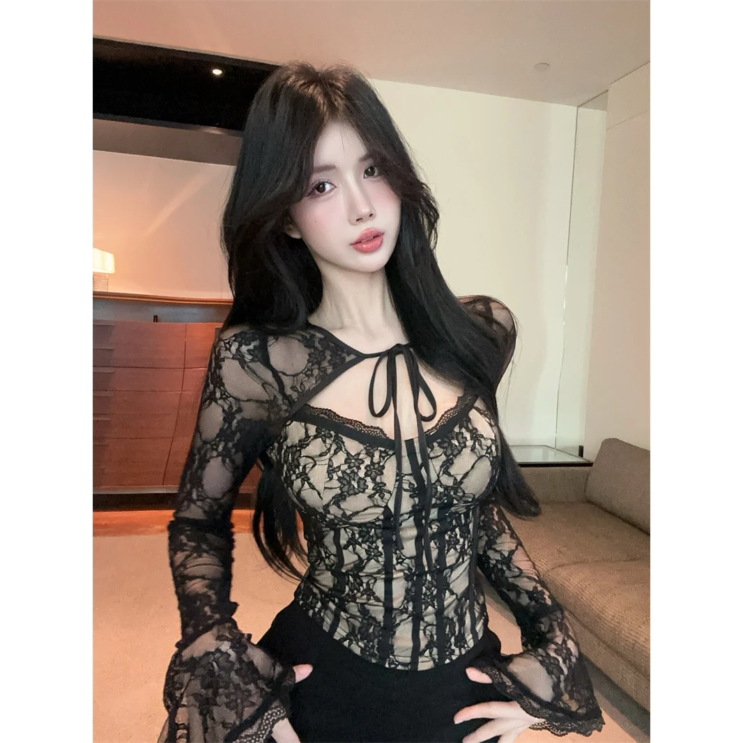 黑色方领长袖蕾丝衫春季内搭打底衫御姐轻熟风气质紧身上衣3012