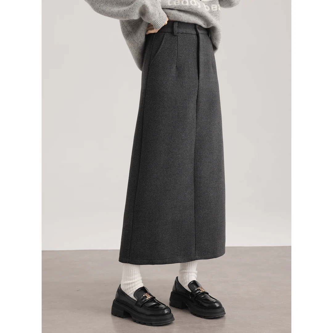 爱蔷薇大码毛呢半身裙女秋冬灰色西装裙子气质高级感长裙GT75418