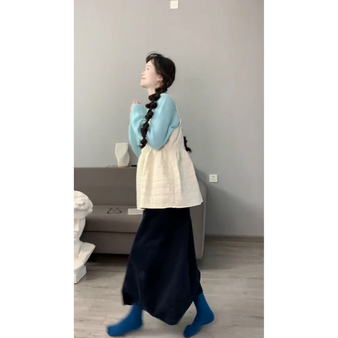 MARIE.COCO巨好看小众叠穿早秋毛绒绒蓝色系毛衣穿搭女休闲半身裙