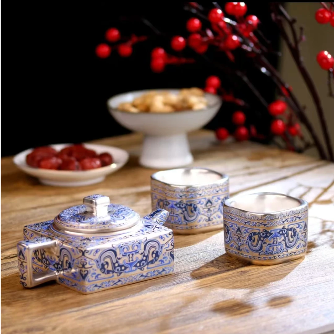 皇杰造物瑞兽高档中式鎏银茶四方壶套装茶杯礼盒装待客送礼 1516