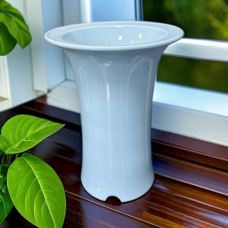 天青釉手工束腰花盆陶瓷适合兰花种植(高度:26.5cm，外口20.50cm)