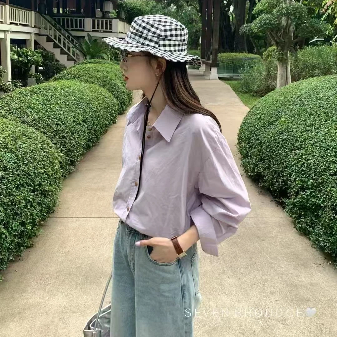 2025春季新款韩版时尚通勤显气质浅紫翻领宽松衬衫女