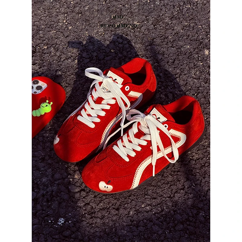 红色德训鞋女2025新款春季百搭运动休闲鞋复古赛车鞋软底阿甘鞋子
