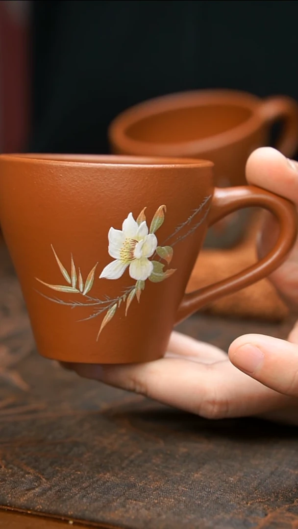 紫砂茶壶朱泥白花杯