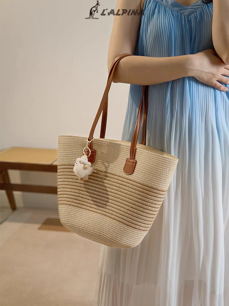 编织日韩耐磨拉链双根格子单肩包休闲百搭肩包托特包夏季