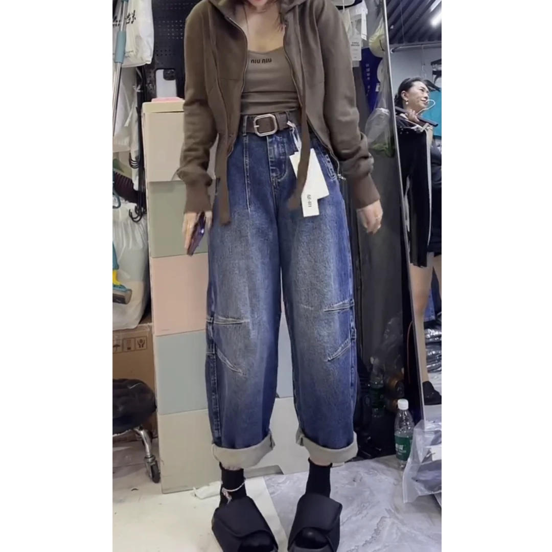 秋季新款拖地牛仔裤高腰显瘦阔腿牛仔裤