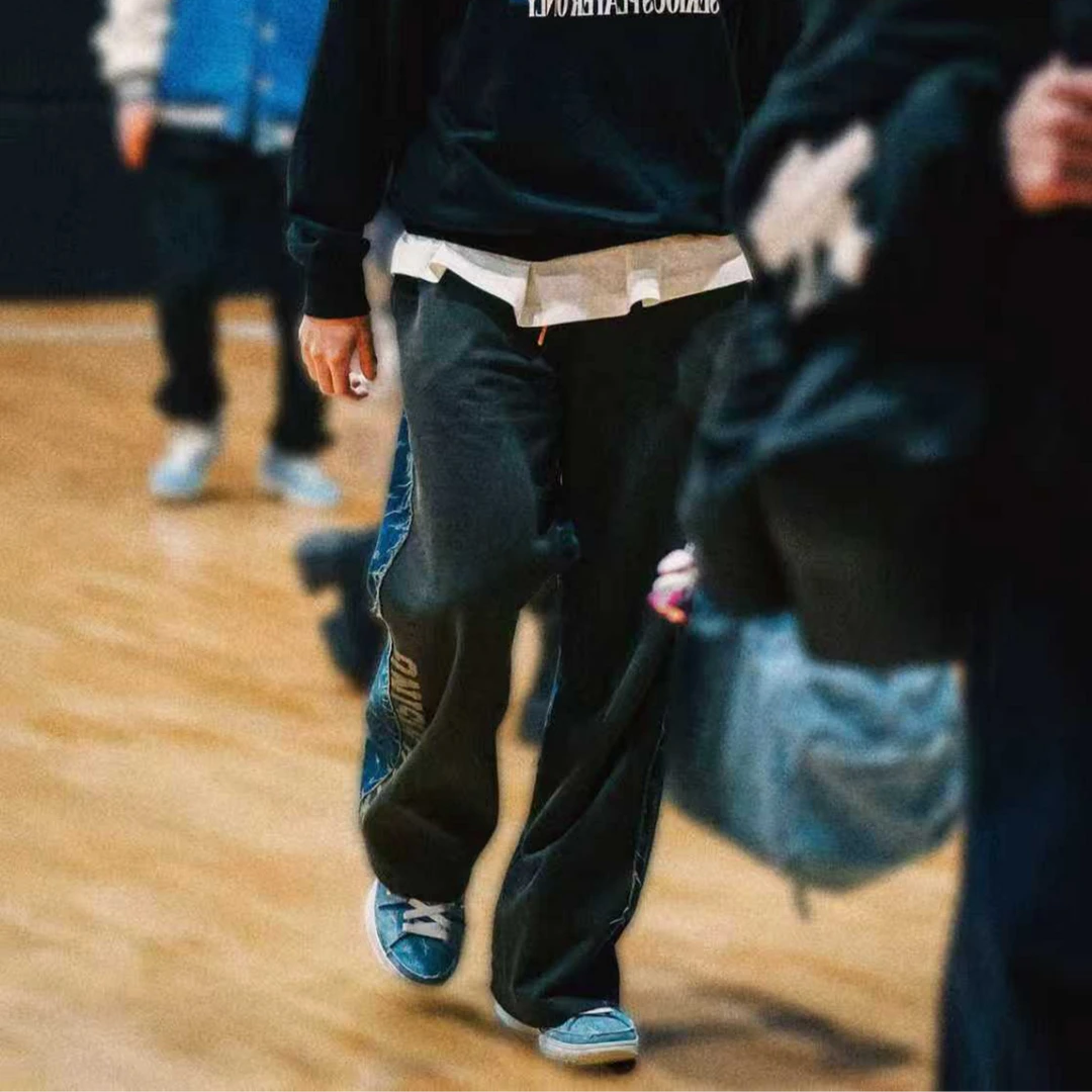 SPOxKR 牛仔拼接宽松直筒休闲卫裤