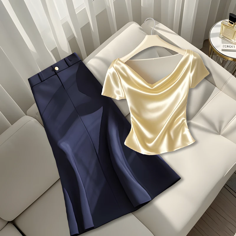 2025夏季新款纯欲风辣妹显瘦一字肩上衣A字简约气质半身裙女套装