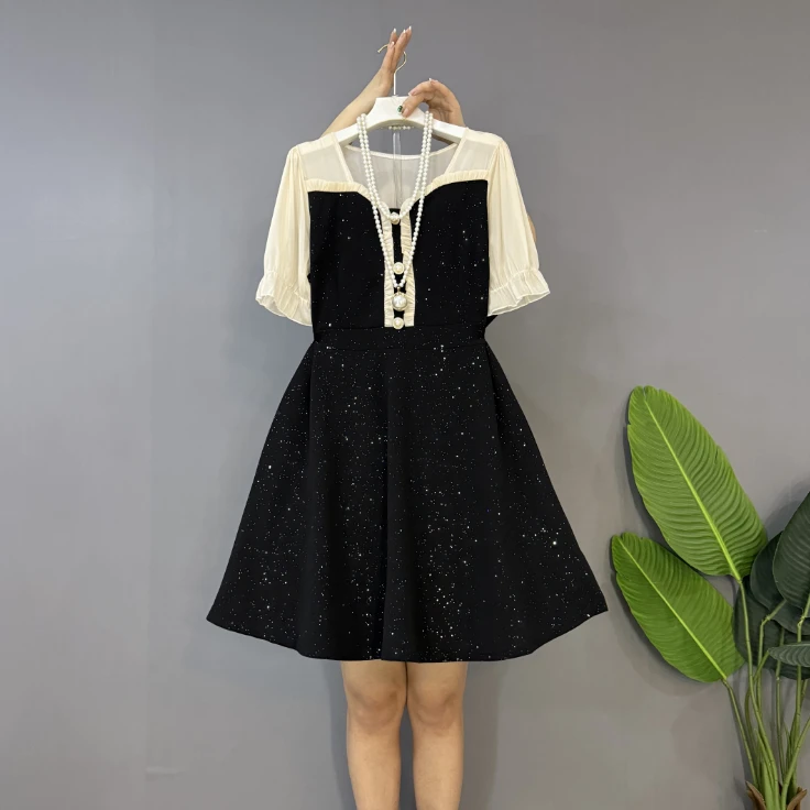 新款大码女装时尚洋气亮闪闪拼接显瘦连衣裙