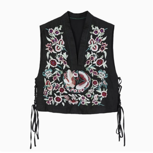 【娇娇美娇】娑尔香云纱团花刺绣香云纱马夹上衣HXHSEC8372