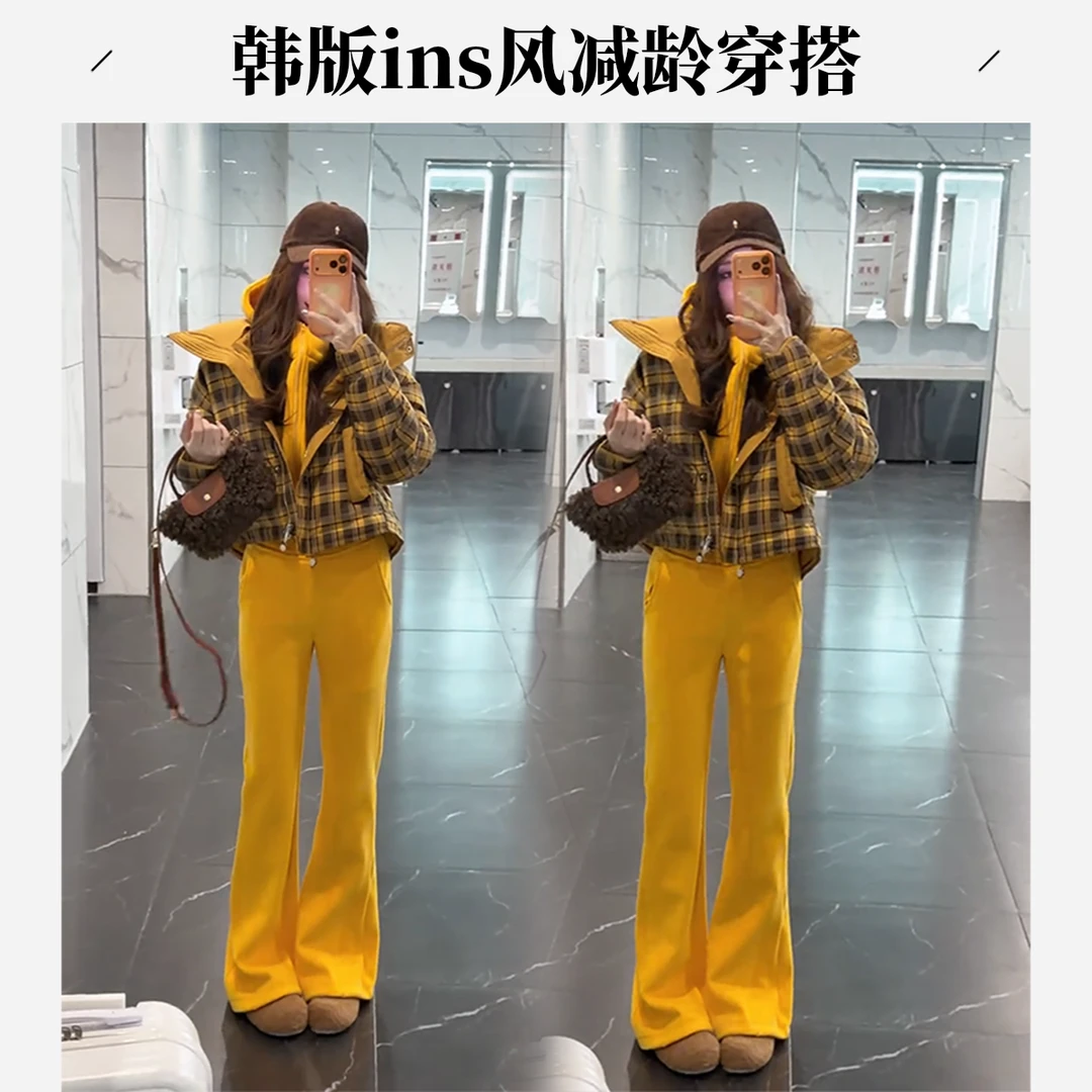 韩版洋气INS时髦个性减龄超火格子棉服外套保暖加厚加绒卫衣套装