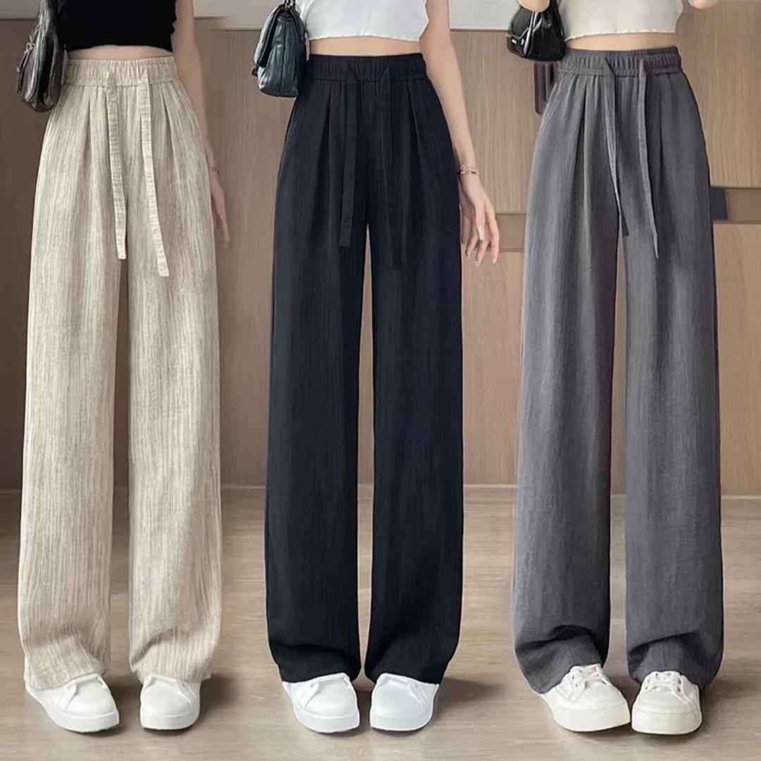 冰丝阔腿裤女夏季2025新款高腰抽绳肌理感慵懒美式休闲拖地裤子