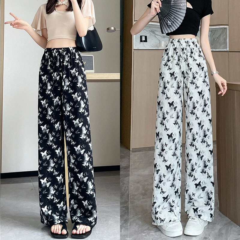水墨新中式阔腿裤女夏季薄款高腰蝴蝶休闲直筒扎染国风冰丝家居裤