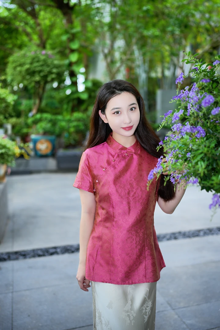蓝大【凰璎】桑蚕丝新中式短袖上衣7799