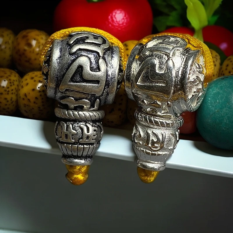 藏式文玩37银饰 六字真言三通佛头佛塔配饰 DIY手持佛珠配件百搭