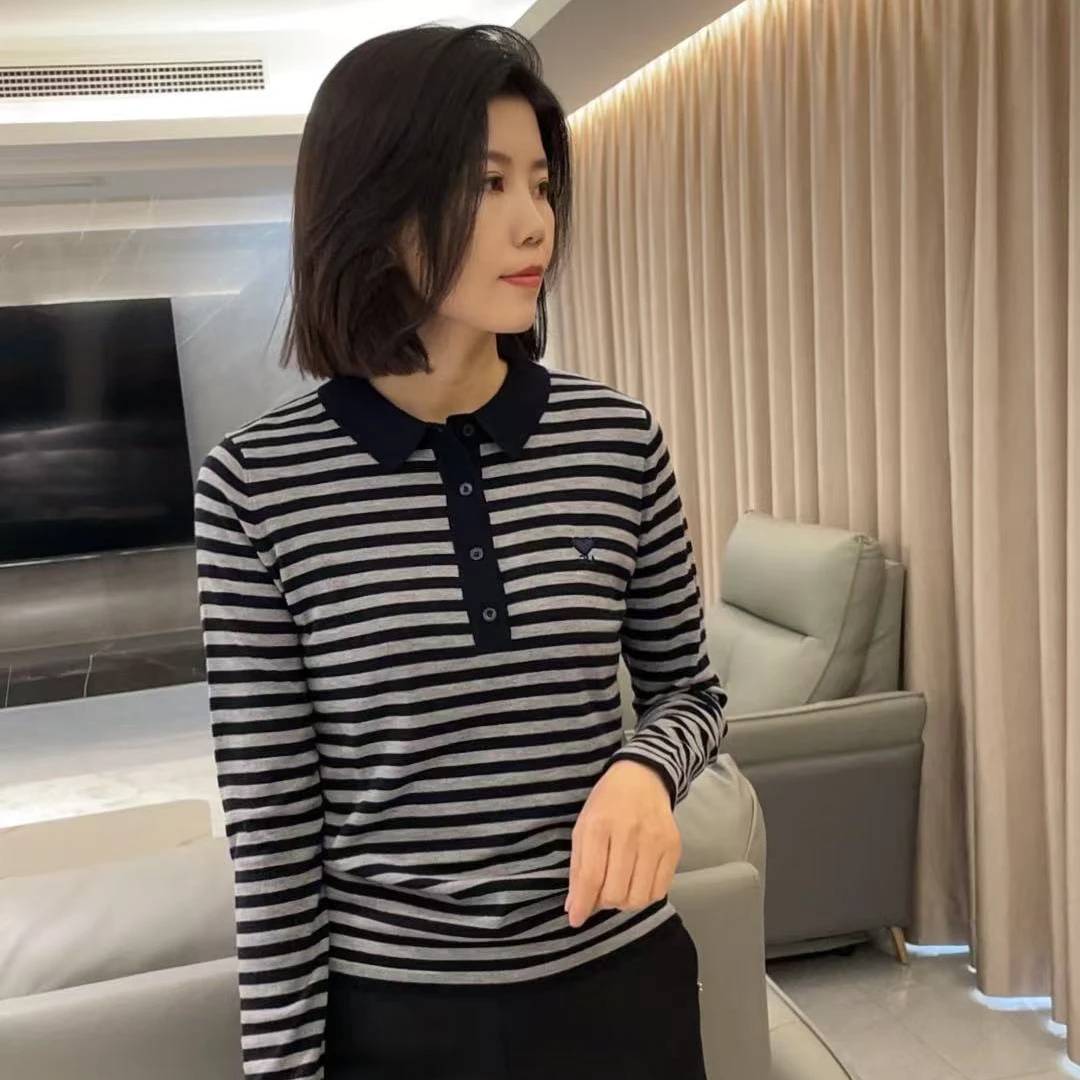 JY25春季时尚百搭翻领条纹套头休闲显瘦针织长袖