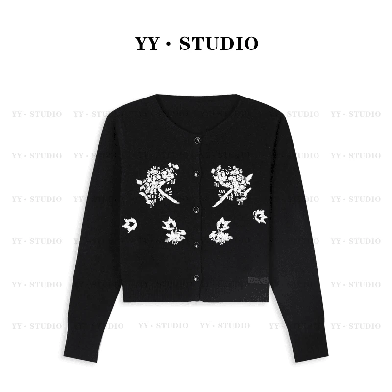 【YANYAN】黑色重工刺绣针织衫开衫女秋季修身显瘦长袖毛衣外套5649