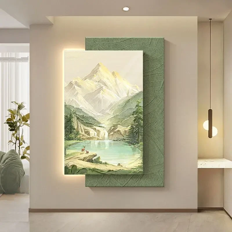 日照金山玄关装饰画奶油风走廊尽头装饰画山水聚宝盆客厅灯光画