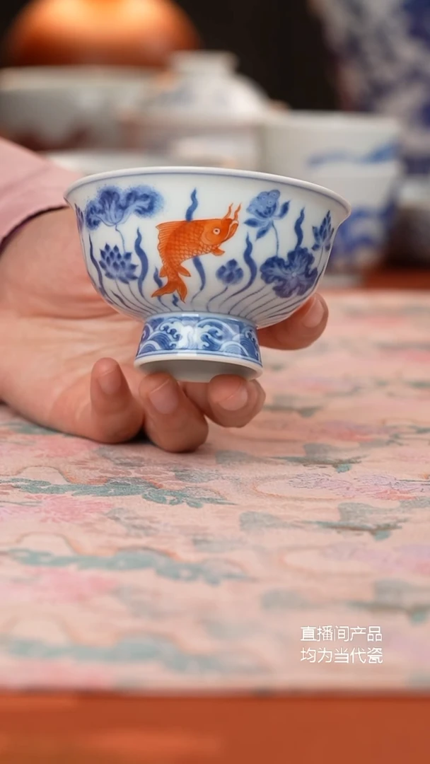 源明青忆矾红鱼藻高足杯