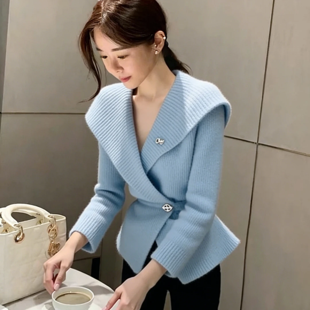 蓝色斗篷毛衣女冬季高级感小众独特漂亮巨好看气质掐腰针织衫上衣