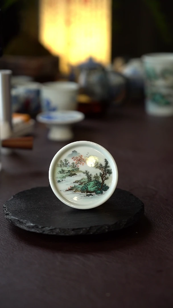 王钢全手工手绘山水盖置