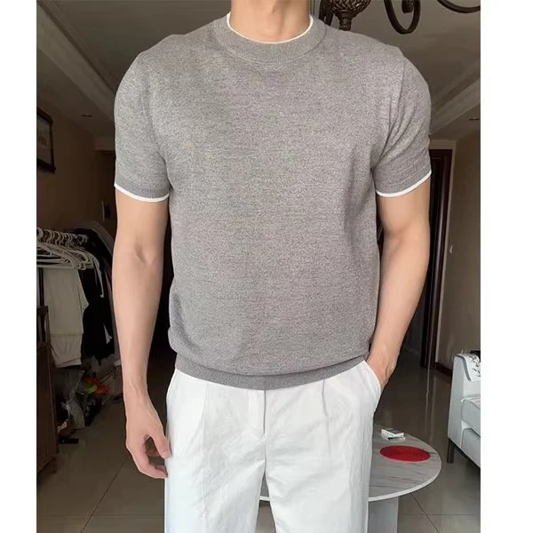 佩库普伦老钱风假两件冰丝针织t恤男款夏季成熟稳重男装收腰短袖
