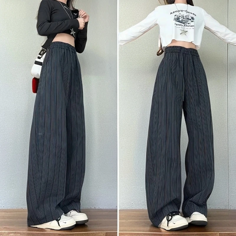 老钱风蓝灰细条纹阔腿弯刀裤美式复古做旧早秋设计感垂感裤子男