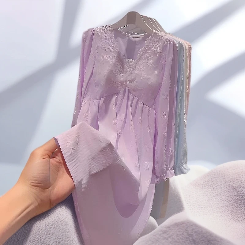 早秋四季可穿蕾丝胸垫公主甜美睡裙女宽松加大码中长款轻奢家居服