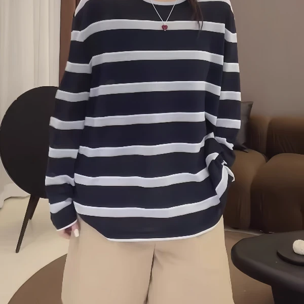 大码条纹微透防晒罩衫长袖t恤女夏季薄款新款胖mm慵懒风宽松上衣