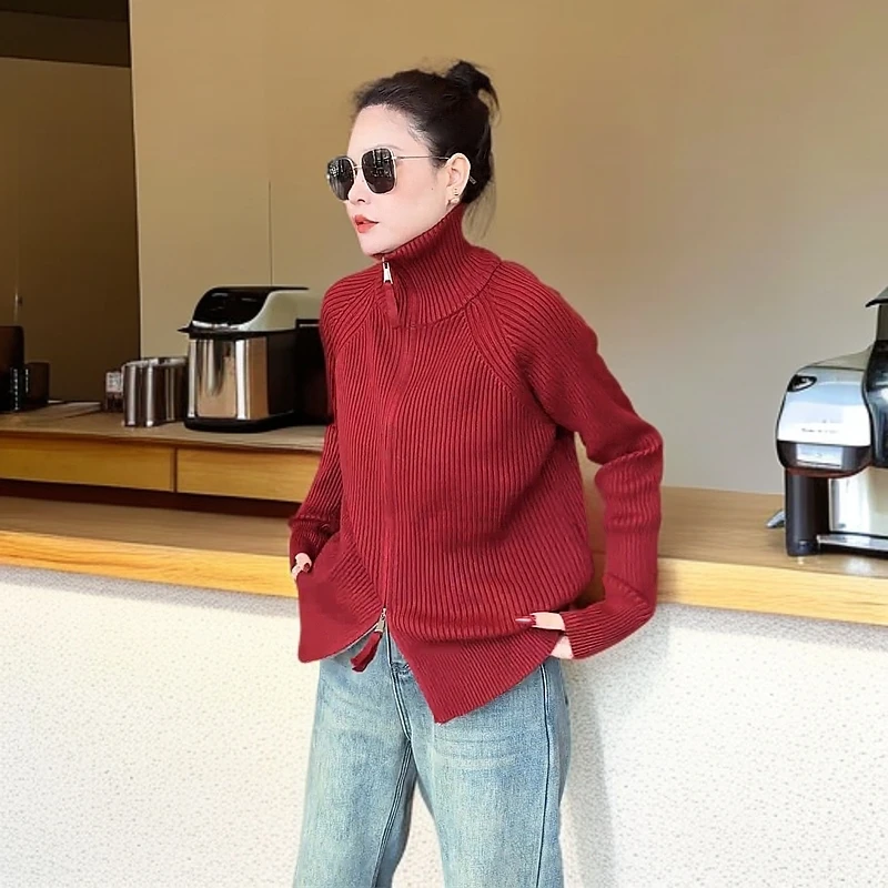 韩系气质减龄纯色简约针织衫女2025春季新款立领双拉链设计开衫潮