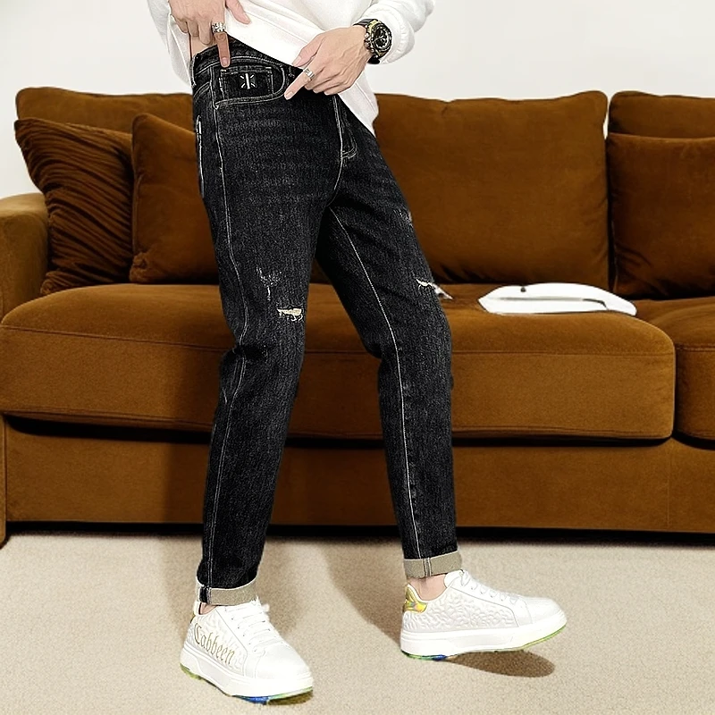 老兄K3021潮流破洞牛仔裤男小脚修身时尚加厚大码冬款薄绒磨毛韩